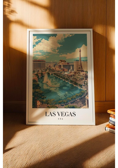 Las Vegas Usa Vintage Seyahat Posteri Çerçeveli Tablo - Premium The Strip Elit Duvar Dekoru Beyaz