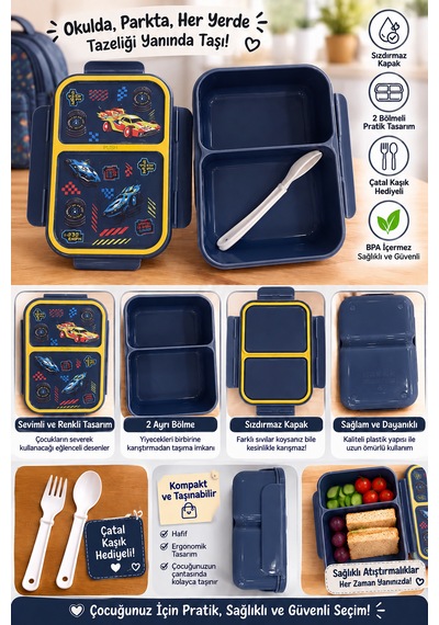 Muzeko Lunch Box Mzk884 Pembe Gıdaya Uygun Plastik Sızdırmaz Çift Bölmeli Lunch Box Beslenme Kabı 580ml Çatal Kaşık Hediye Beslenme Çantası Açık Lacivert