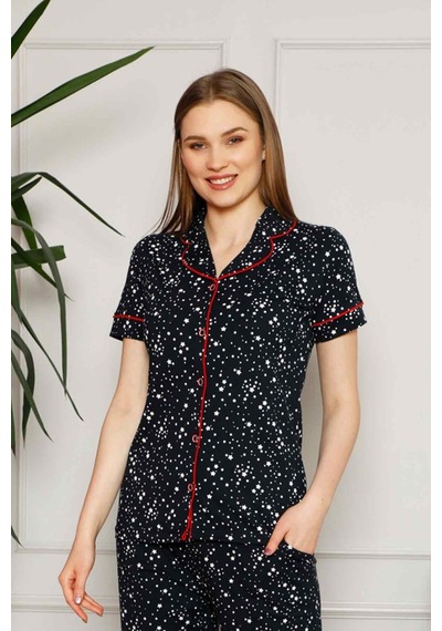 Farya Home Dreamy Pamuklu Yıldız Desenli Biyeli Kısa Kollu Gömlek Pijama Takımı Siyah Kırmızı Kırmızı - Siyah