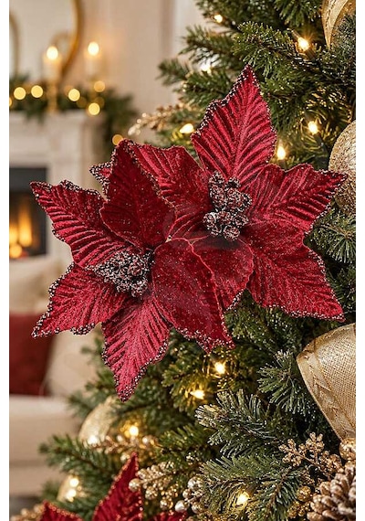 Yılbaşı Ağacı Süsü Bordo Ata Çiçek 14 Cm 2li Diğer