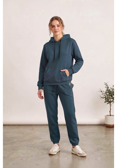 Moibody Kadın 3 İplik Şardonlu Eşofman Takımı Premium Kapüşonlu Sweatshirt Ve Jogger Alt Petrol Petrol