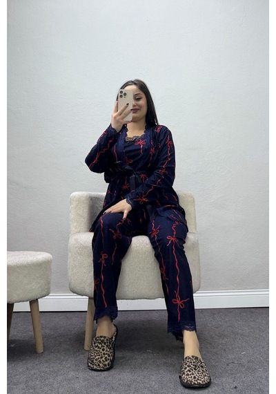 Belendir Kadın Süet 3'lü Pijama Set Lacivertkurdele lacivert