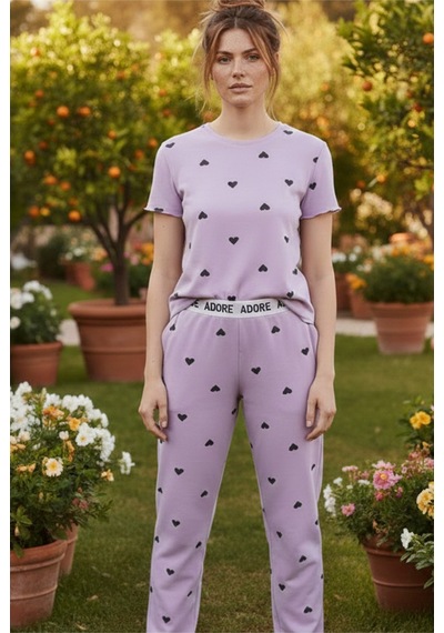 Siyah İnci Lastikli Fitilli Kaşkorse Örme Pijama Takım 26120601 Lila