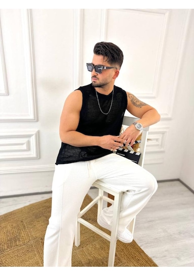 T-shirt Nefes Alabilen Terletmez Pamuklu Fileli Tişört Oversize Tshirt Sıfır Kol Tişört Siyah