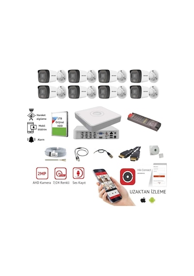 8 Kameralı Gece Gündüz Renkli, Ses Kayıtlı Güvenlik Kamerası Seti - Uzaktan Izleme - 1tb Hdd