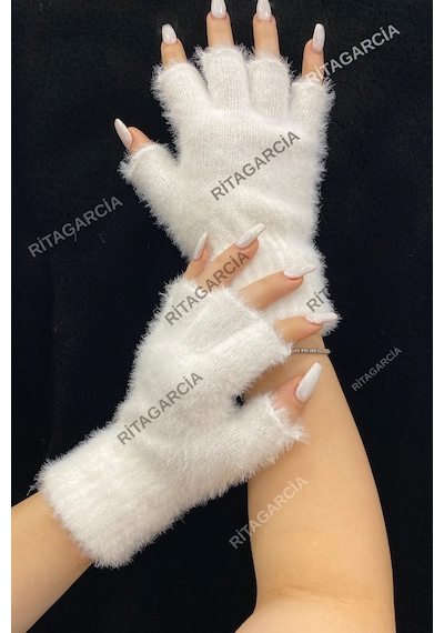 Peluş Kesik Parmak Eldiven Beyaz1