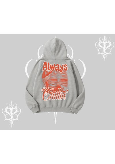 Always Chillin Kedi Arka Baskılı Kapşonlu Sweatshirt Gri