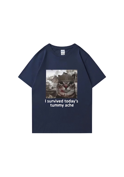 Flood Of Style Komik Kedi Bugünden Karın Ağrısını Hayatta Kaldım T Shirt Yeni Erkek Pamuklu Tişört Kısa Koll Lacivert