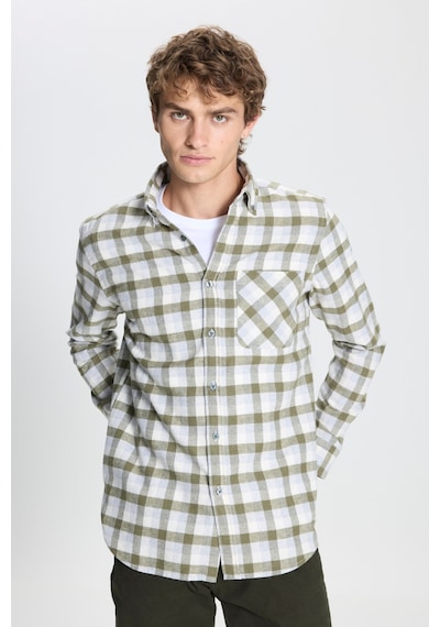 AC&Co / Altınyıldız Classics Erkek Hakı-grı Slim Fit Dar Kesim Düğmeli Yaka Kareli Gömlek Haki - Gri