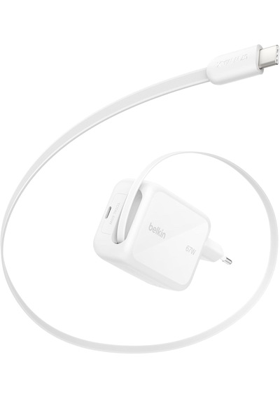 Belkin Ultracharge 67 W Gan Şarj Aleti, 0,8 M Geri Çekilebilir Usb-c Kablo İle, Beyaz