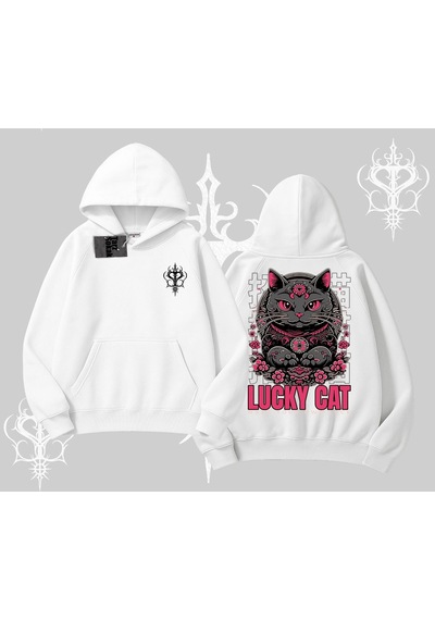 Startmore Lucky Cat Japon Tarzı Kedi Baskılı Kapşonlu Sweatshirt Beyaz