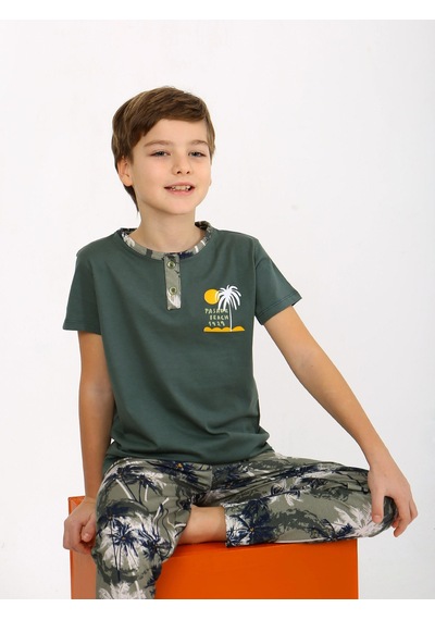 Vitmo Erkek Çocuk Kısa Kollu Düğme Detaylı %100 Pamuklu Pijama Takımı The Palm Yeşil