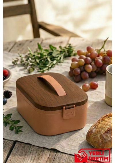 Lunchee - Çelik Bölmeli Sızdırmaz Ahşap Görünümlü Vakum Kapaklı Yemek Kabı Lunchbox 650 Ml Pembe