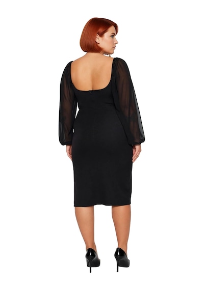 Ersefa Kadın Büyük Beden Bodycon Midi Uzun Kollu V Yaka Dokuma Elbise Şı Siyah