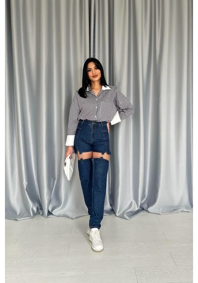 Duygudan Mavi Askılı İki Parça Jeans Pantolon