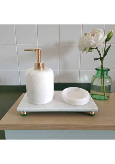 Doğal Mermer Banyo Ve Lavabo Seti 3lü Gold Aksesuarlı Beyaz