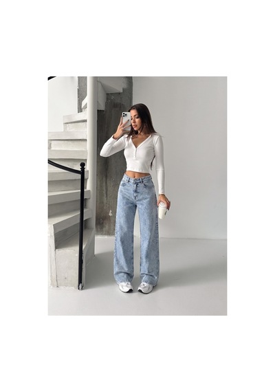 Bluemarlin Buz Kar Taşlı Bol Paça Tam Kalıp Denim Kot Pantolon Buz Kar