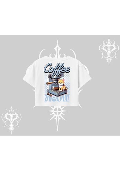 Startmore Coffee Meow Kahve Temalı Kedi Arka Baskılı Oversize Crop Tshirt Beyaz
