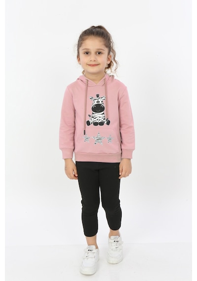 Toontoy Kız Çocuk Yıldızlı Zebra Baskılı Kapüşonlu Sweatshirt Koyu Pudra