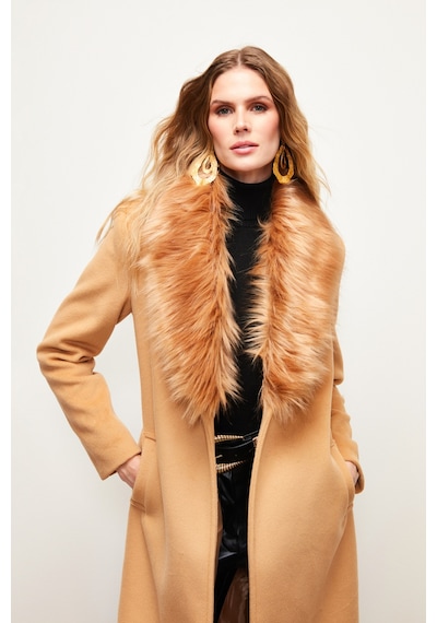 Sateen Yaka Kürklü Uzun Kaban - Camel-133693 Camel