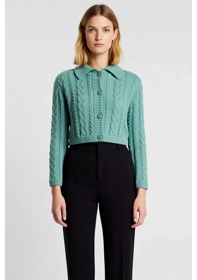 Benerly Kadın Düğme Detaylı Saç Örgü Desenli Polo Yaka Crop Kesim Uzun Ko mint