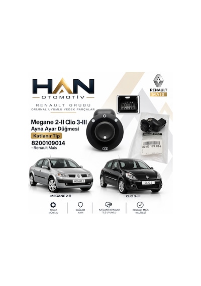 Mais Megane 2 Ayna Ayar Düğmesi Katlanır Tip 10 Pimli 8200109014
