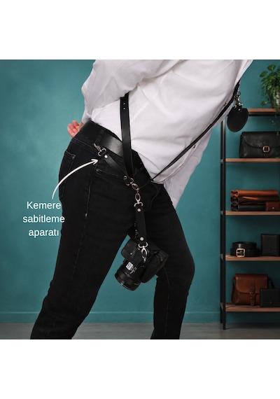 Siyah Renk Fotoğraf Makinesi Tek Taraflı Omuz Askısı Nikel Renk Aksesuar