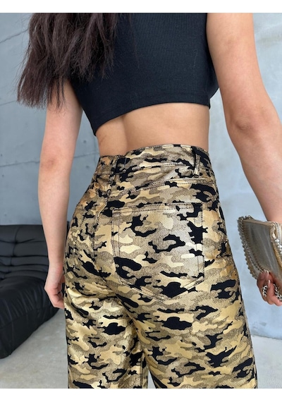 Zeo Basic Altın Askeri Desen Varak Baskılı Geniş Paça Pantolon Altın-askeri
