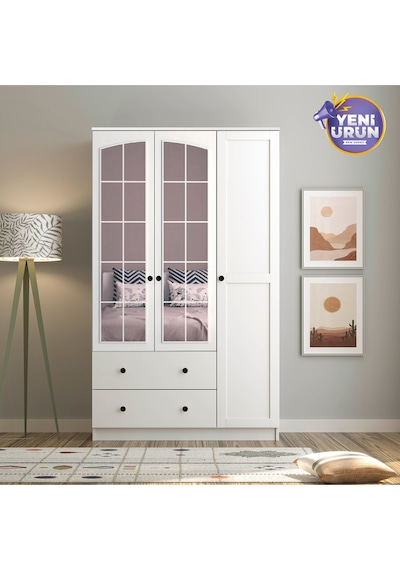 Side Rose 3 Kapak 2 Çekmece Aynalı Gardırop Beyaz