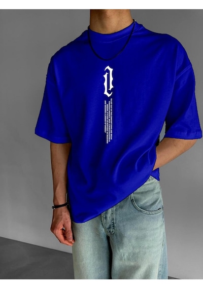Dik Yazı Baskılı Oversize Tişört Lacivert