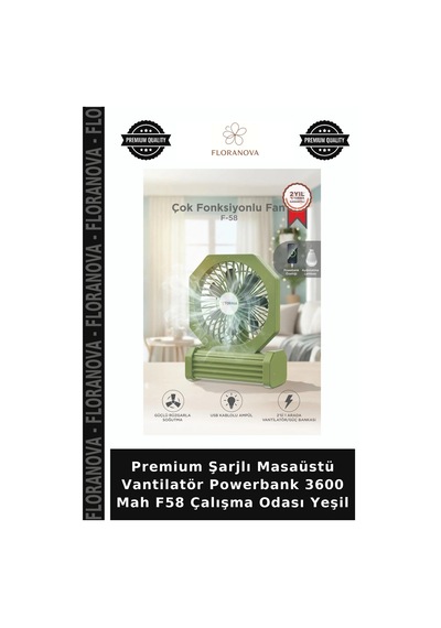Premium Şarjlı Masaüstü Vantilatör Powerbank 3600 Mah F58 Çalışma Odası Yeşil