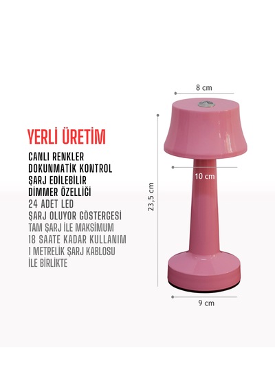 Zenlight Metal Dokunmatik Şarjlı Masa Lambası Pembe