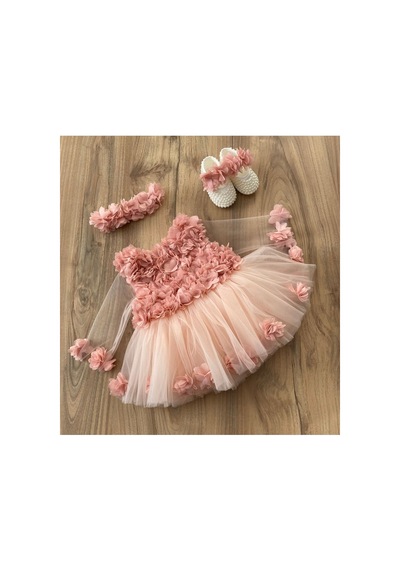 Hayy Baby Kıds Wear Pudra Şifon Çiçekli Tütü Elbise