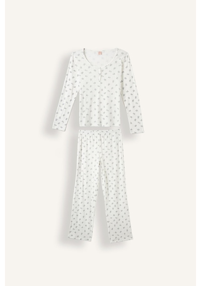 Defacto Çiçekli Düğme Detaylı Regular Fit Uzun Kollu 2li Pijama Takımı F9837ax26auer85 Ekru-er85