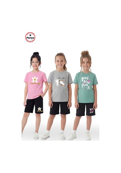 Panios Kids 3 Lü Yuvarlak Yaka Kaprili Baskı Detaylı Yazlık Kız Çocuk 6 Parça Alt Üst Takım Pembe - Gri - Mint Yeşili