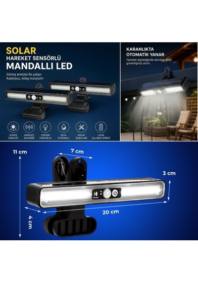 Buffer 2 Adet 36 Led Mandallı Solar Lamba, Güneş Enerjili, Hareket Sensörlü, 3 Modlu, Kıskaçlı Kablosuz Dış 11