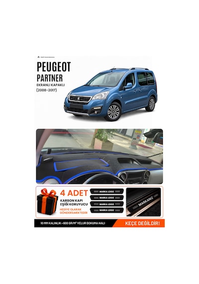 Peugeot Partner Ekranlı Kapaklı 2008-2017 Uyumlu Torpido Örtüsü - Siyah-mavi - Pe022