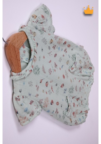Babyhola Kız Bebek Kısa Müslin Tulum  Pamuk Çiçek Baskılı 12049 Mint Yeşili