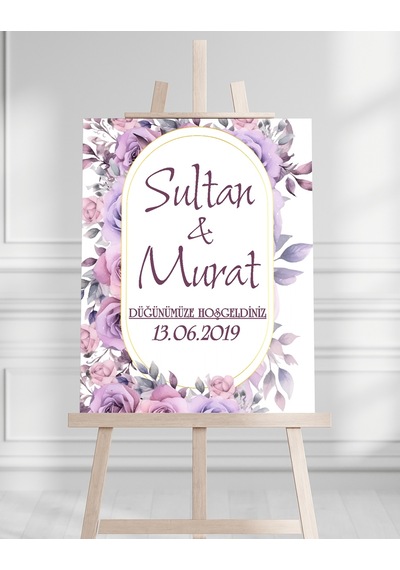 Söz Nişan Düğün İçin 50x70 Karşılama Panosu - Mor Gül Desenli Beyaz