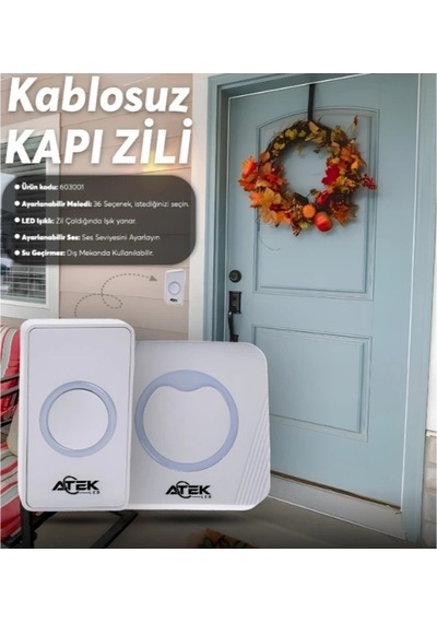 Beyaz Kablosuz Su Geçirmez Kapı Zili Renkli