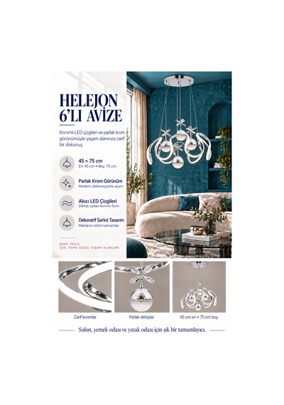 Helejon 6lı Büyük Modern Ledli Avize 3 Renk Power Ledli Krom Kaplama Kumandalı Yatak Odası Salon Mutfak