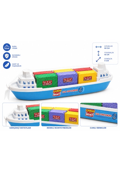 50 Cm Cargo Boat Konteyner Gemisi Suda Yüzen Büyük Oyuncak Gemi Renkli Konteynerli 01
