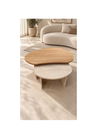 Katmanlı Tasarım Oval İkili Salon Orta Sehpası Ekonomik Demonte Servis Sehbası Orta Sehpa Ahşap-traverten - 935220333 Ahşap-traverten