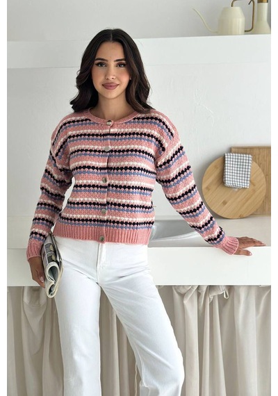 Noa & Noa Kadın Geometrik Desenli Düğmeli Triko Hırka Canlı & Şehirli Stil Pembe