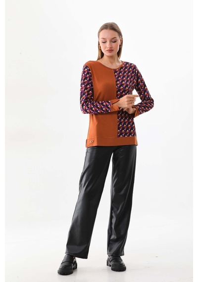 Sistas Kadın Desenli Bisiklet Yaka Uzun Kol Bluz 23592 Camel