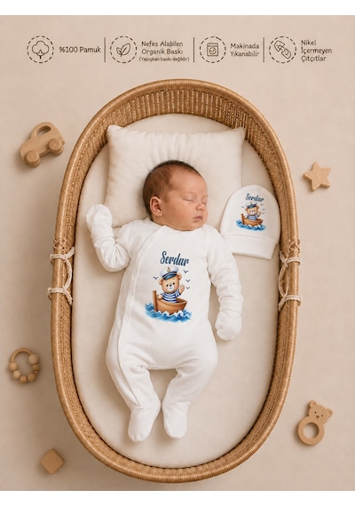 Pia Baby İsme Özel %100 Pamuk Erkek Bebek Yastık Battaniyeli Tulum Set Kese Hediyeli 1102tybk0x Krem