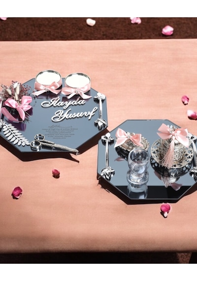 Affinity Sekizgen Gümüş Söz Nişan Tepsisi Ve Damat Kahve Fincan Tepsisi Pembe Pembe