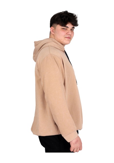 Mode Xl Büyük Beden Erkek Kapüşonlu Sweatshirt Asit Yıkama Interlok U24167 Bej Bej