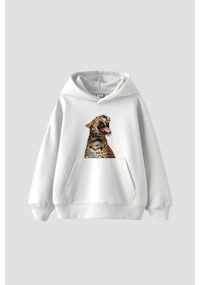 Leopard Siluet Baskılı Oversize Unisex Premium Beyaz Beyaz