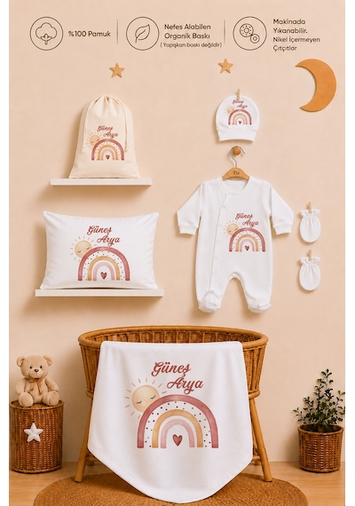 Pia Baby Kız Bebek %100 Pamuk Hediye Seti 6 Lı İsimli Keseli Tulum Şapka Eldiven Battaniye Ve Yastık Kılıfı 1062tybk0x Krem